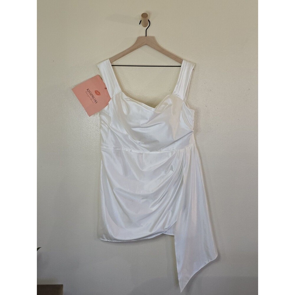 KissProm Zephyra Sheath Off Shoulder Satin White Mini Dress Sz 18 Bridal Wedding - Picture 2 of 15